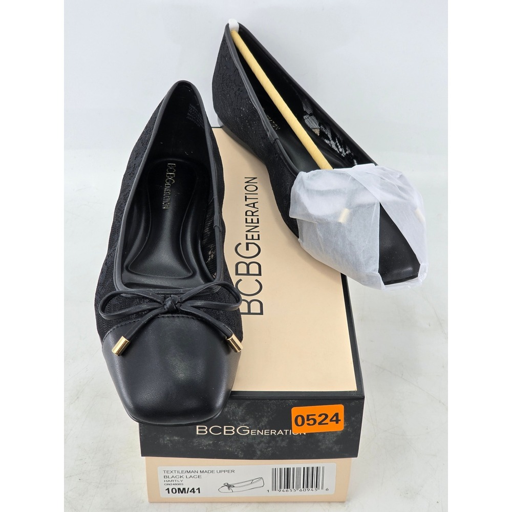 BCBGeneration Hartly Ballet Flats Womens 10 Black Lace Bow Square Toe -New‎